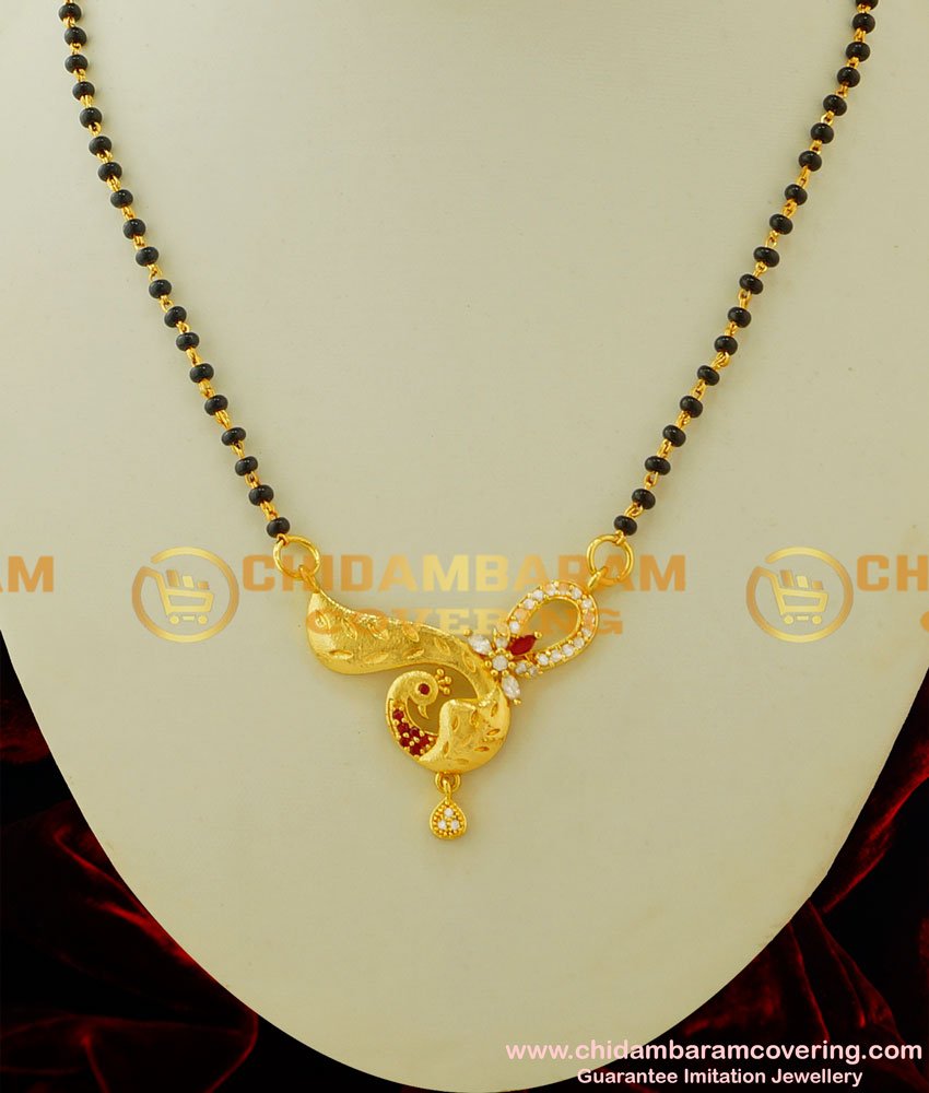 SHN021 - Buy One Gram Gold Black Beads Single Line with Peacock Design Stone Pendant Mangalsutra Online  