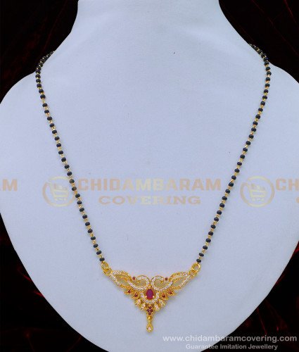 SHN091 - Real Gold Design Stone Pendant Black Beads Gold Plated Mangalsutra Online