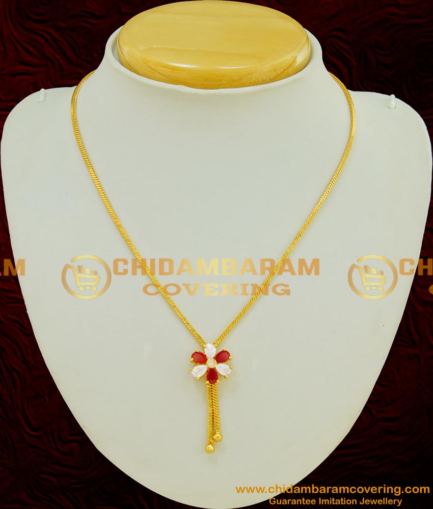 SCHN178 - Stylish Gold Plated Ad Stone Flower Pendant with Chain Imitation Jewellery 