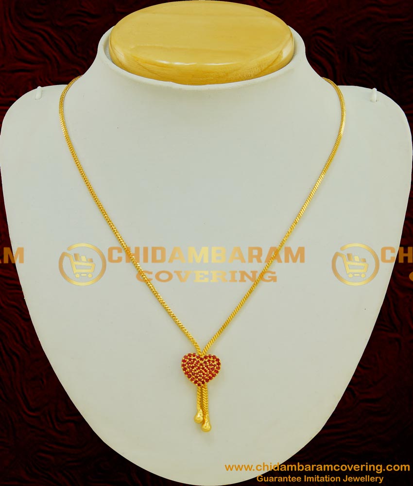 SCHN181 - Beautiful Ruby Stone Gold Heart Dollar Design with Thin Short Chain For Ladies