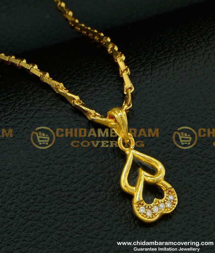 SCHN195 - One Gram Gold Female Double Heart Shape Stone Pendant with Short Chain 