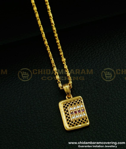 SCHN287 - New Design White and Ruby Stone Small Pendant with Short Chain Online 