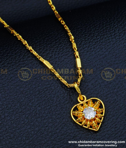 SCHN319 - Sparkling American Diamond Designer Heart Dollar Chain Daily Use Gold Plated Jewellery 