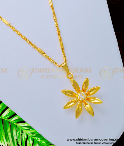 SCHN339 - Unique Gold Locket Design White Stone Flower Pendant with Chain for Ladies