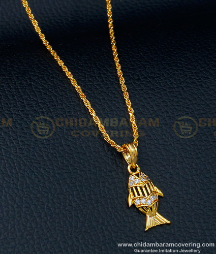 SCHN369 - One Gram Gold White Stone Fish Pendant with Matching Short Chain Online