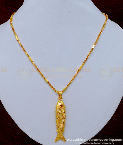 SCHN392 - 1 Gram Gold Ruby Stone Big Size Male Gold Fish Pendant Design with Chain 