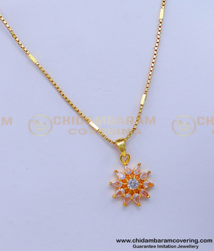 SCHN459 - Real Gold Design White Stone Flower Pendant with Short Chain
