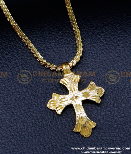 SCHN465 - Gold Design Short Chain with Cross Pendant for Men