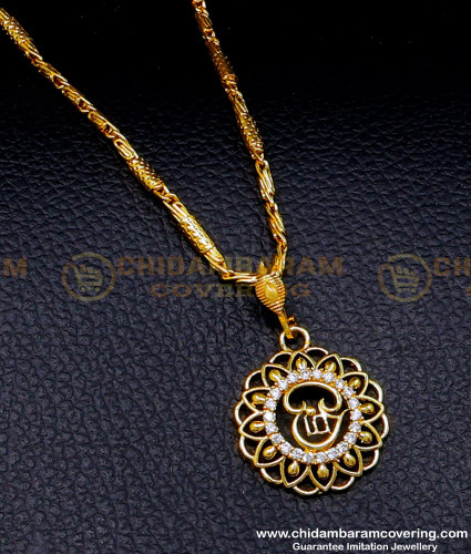 SCHN496 - Gold Design White Stone Tamil Om Dollar with Chain