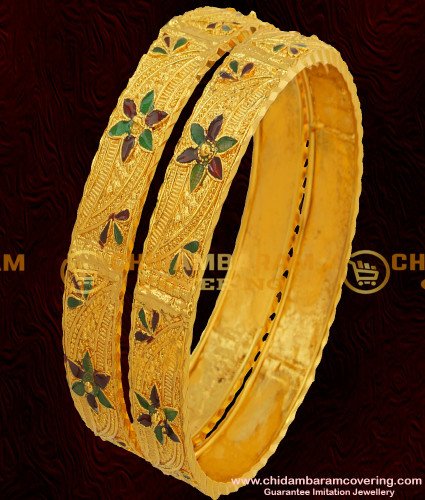 BNG057 - 2.6 Size Elegant Gold Plated Shiny Leaf Cutting Designer Bangles Online 