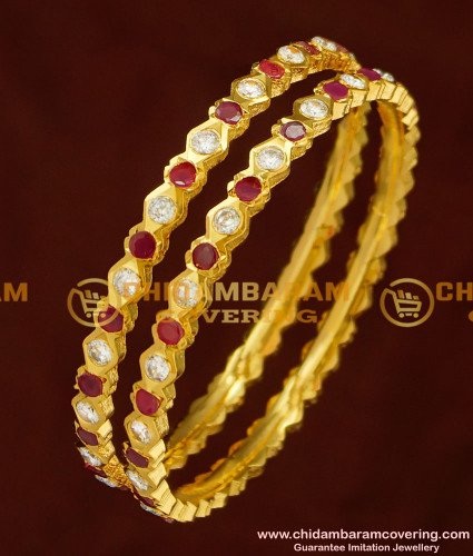 BNG159 - 2.8 Size Impon Bangle Stunning Gold First Quality Red and White Stone Five Metal Bangles Online