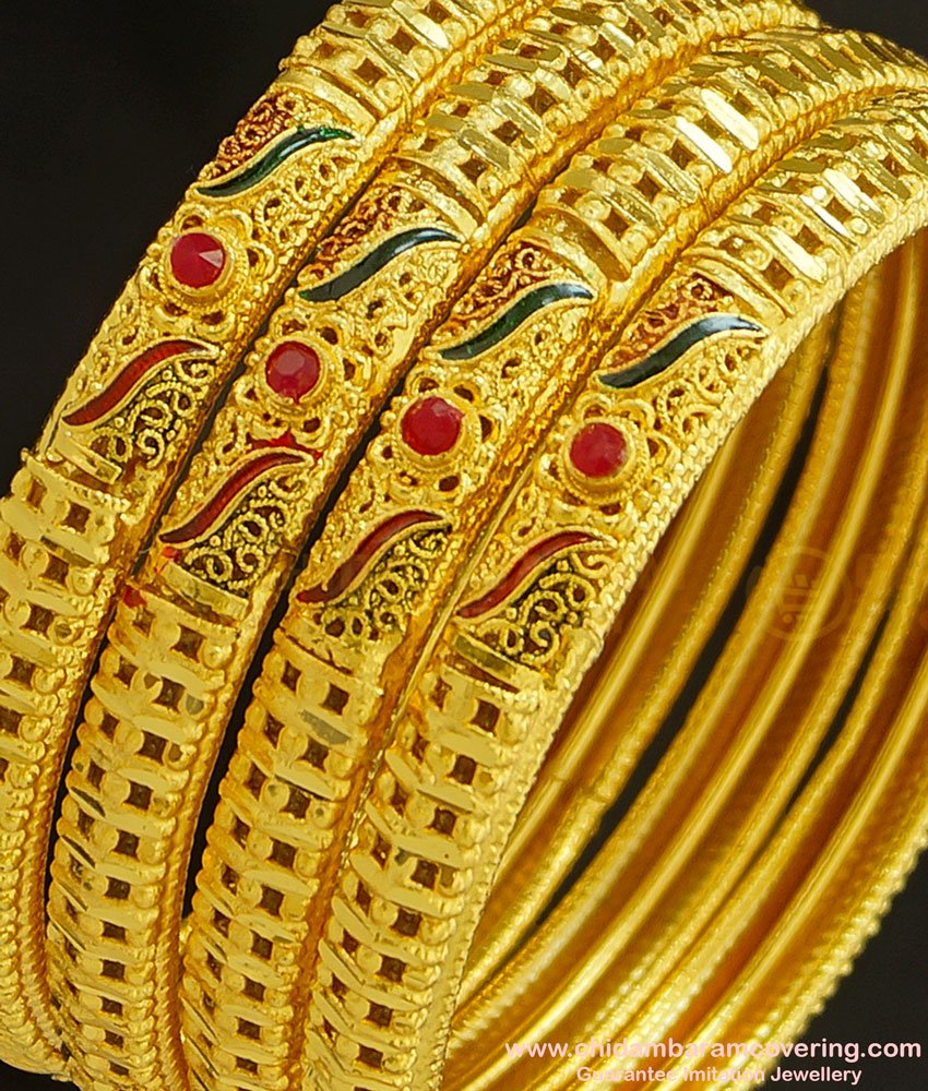 BNG232 - 2.4 Size First Quality One Gram Gold Forming Bridal Wear Enamel with Red Stone Gold Forming Set Of 4 Bangles Online