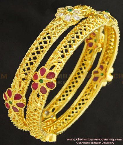 BNG259 - 2.4 Size Beautiful New Model White Stone Ruby Stone Flower Design Heavy Gold Bridal Bangles 