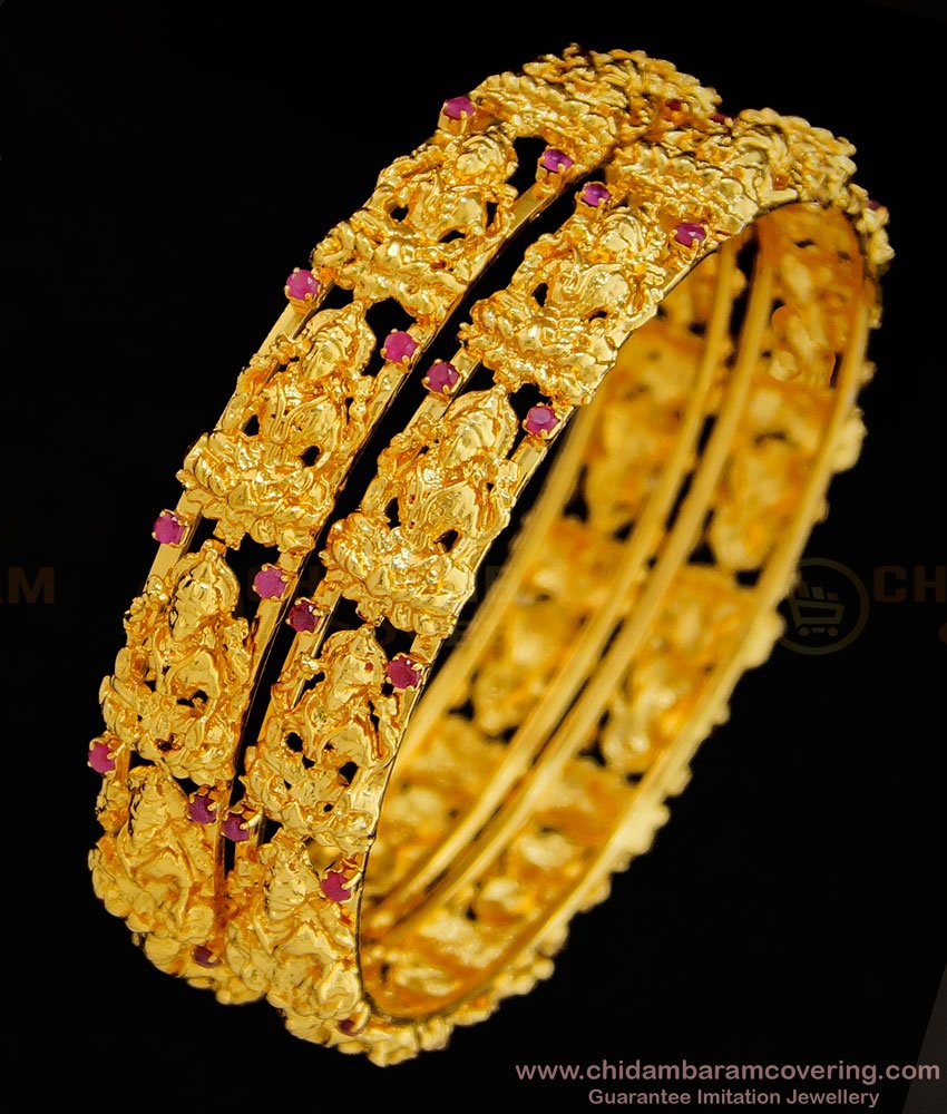 BNG328 -2.6 Size Premium Quality Temple Jewellery Lakshmi Design Ruby Stone Bangles Set for Women