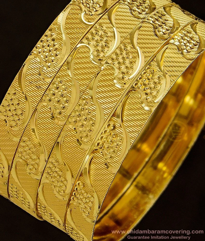Buy Latest Gold Bangles Designs Self Design Broad Flat Bangles Set ...