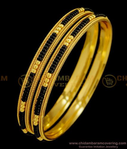 BNG375 - 2.6 Size Latest Gold Design Black Beads Bangle Gold Plated Karimani Bangles for Women