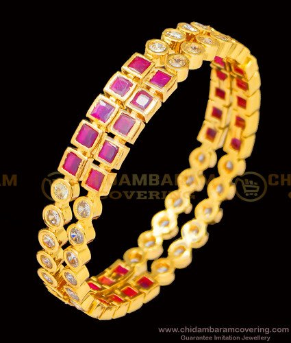 BNG395 - 2.6 Size Five Metal New Model White and Ruby Stone Impon Bangles Online Shopping