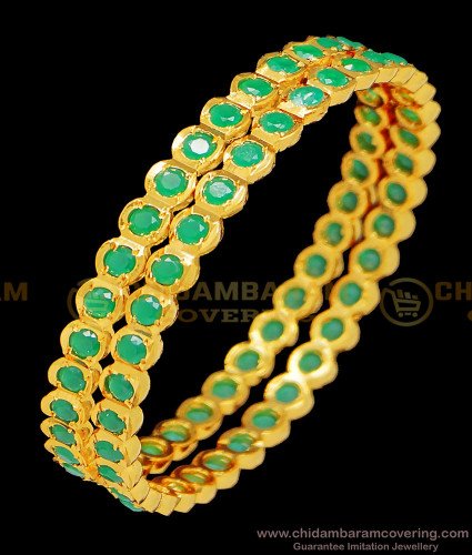 BNG397 - 2.8 Size Traditional Impon First Quality Full Green Emerald Stone Gold Bangles Design Online