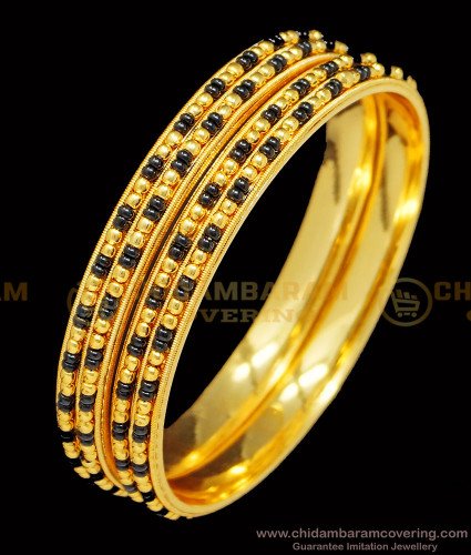 BNG399 - 2.6 Size Traditional Karimani Black Beads with Gold Beads Double Line Bangles Online