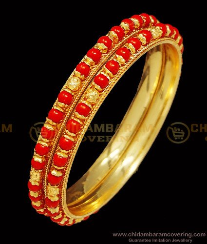 BNG400 - 2.6 Size Traditional Coral Bangles One Gram Gold Plated Red Bead Bangles Online