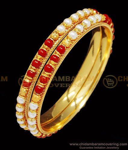 BNG401 - 2.4 Size Colorful Pearl and Red Coral Bangles One Gram Gold Plated Indian Beads Bangles Online