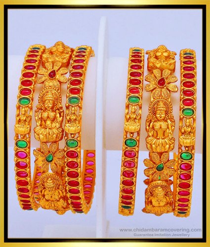 BNG435 -2.8 Size Premium Quality Real Kemp Stone Temple Lakshmi Bangles Nagas Wedding Set 