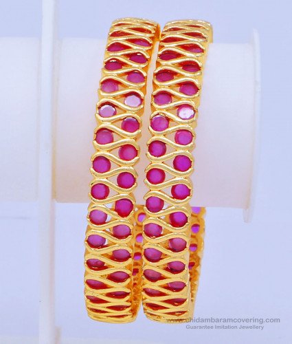 BNG449 - 2.8 Size Latest Collection Heavy Ruby Stone First Quality One Gram Gold Wedding Bangles Set Online