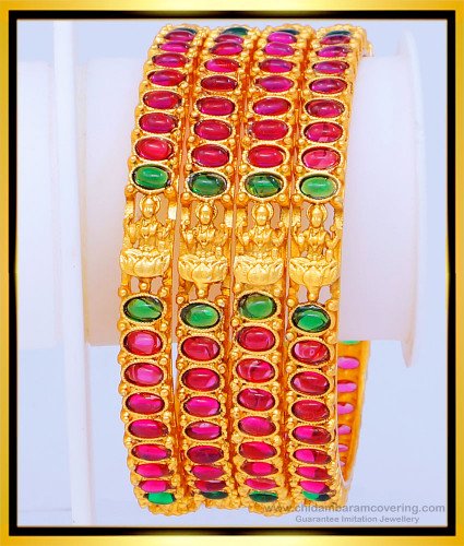 BNG466 -2.6 Size Attractive Bridal Wear Temple Jewellery Lakshmi Kemp Stone Bangles Set 4 Bangles Online