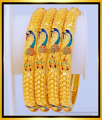 BNG477 - 2.8 Size Beautiful Peacock Design First Quality Gold Forming Enamel Bangles Set for Wedding 
