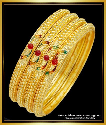 BNG511 - 2.8 Size Buy Bridal Wear Hand Red Stone Gold Forming Bangles 4 Pieces Set Best Price