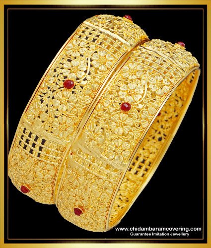 BNG512 - 2.10 Size Beautiful Ruby Stone Flower Design South Indian Kada Bangles for Wedding 
