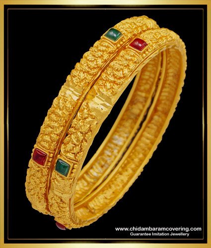 BNG517 -2.6 Size Temple Jewellery Red and Green Stone Bangles Design for Women