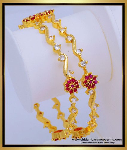 BNG577 - 2.8 Size Beautiful Flower Design White and Ruby Full Stone Bangles for Women 