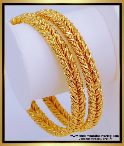 BNG580 - 2.8 Size Traditional South Indian Gold Plated Leaf Design Solid Bangles for Women 
