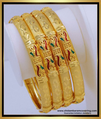BNG593 - 2.8 Size Gold Look Enamel Forming Gold Wedding Bangles Set for Women 
