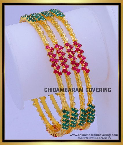 BNG726 - 2.6 Size Bridal Wear Ruby Emerald Ad Stone Bangles Set Online