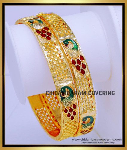 BNG768 - 2.10 Size Beautiful Peacock Design Forming Gold Enamel Bangles 