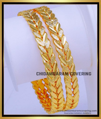 BNG772 - 2.10 Size Latest Leaf Design Gold Plated Bangles for Daily Use