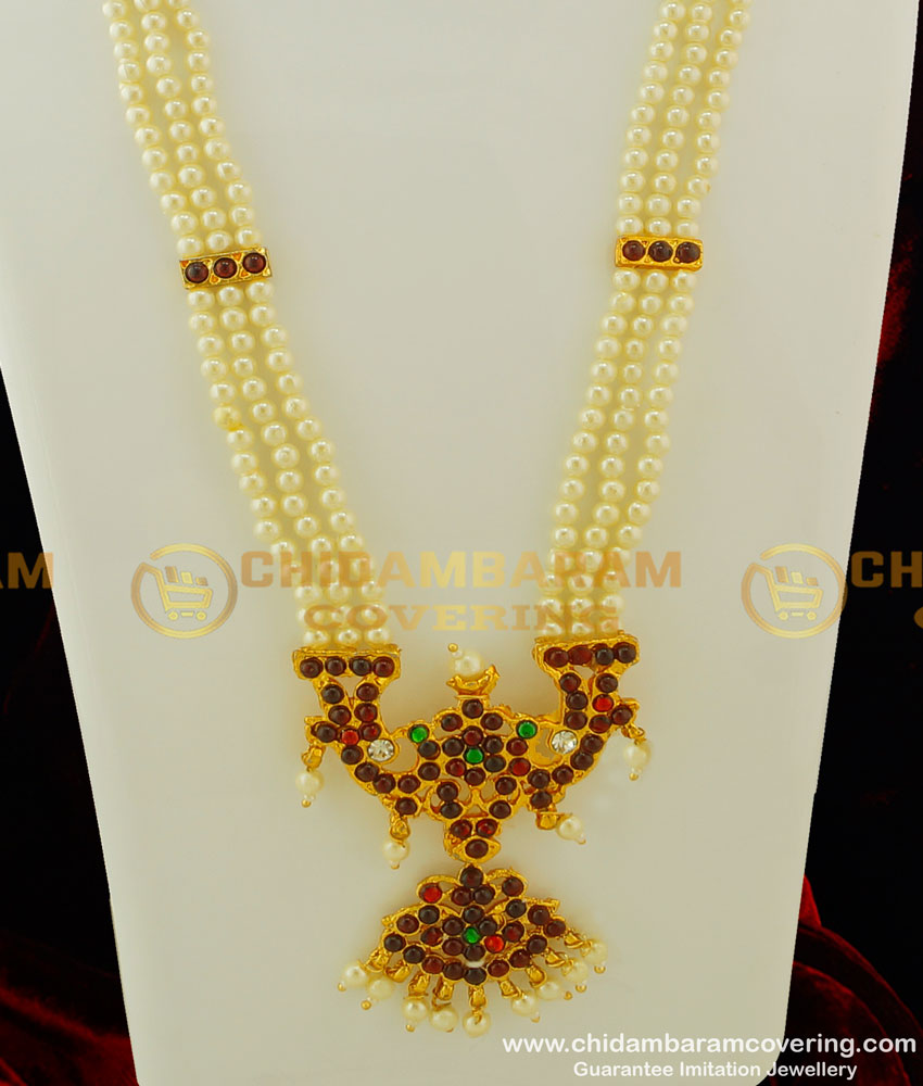 BNS04 - Temple Jewellery 3 Line Muthu Malai Haram Pearl Haram Classical Dance Jewellery Online