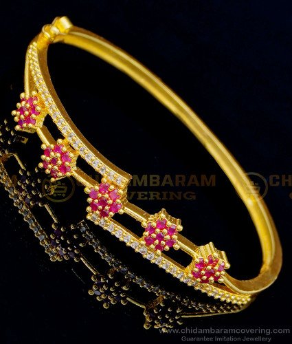 BCT318 - Trendy Gold Plated White and Ruby Stone Ladies Hand Bracelet Collections Buy Online   