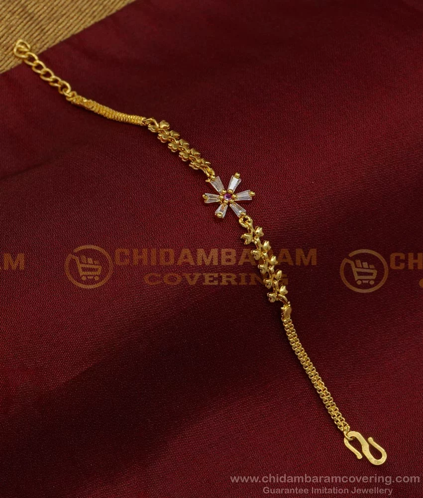 Buy Trendy White and Ruby Stone Flower Model Gold Bracelet Design ...