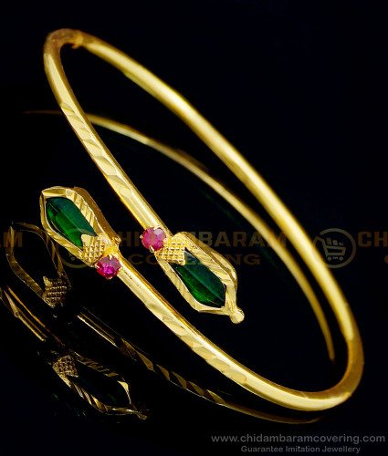 BCT341 - 2.4 size One Ram Gold Plated Open Type Green Nagapadam Bracelet Design Online