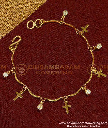 BCT68 - Fashionable White Stone Hanging Gold Cross Tassel Bracelet for Ladies