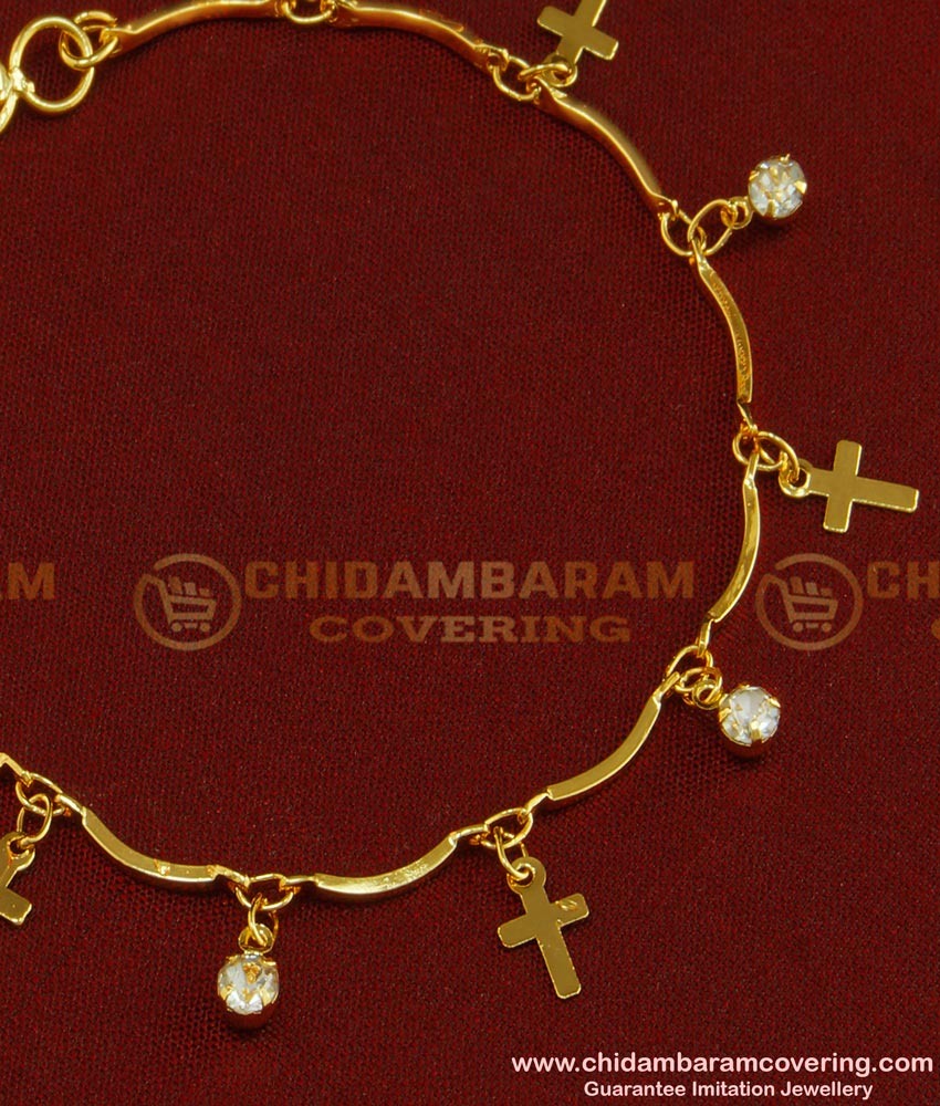 BCT68 - Fashionable White Stone Hanging Gold Cross Tassel Bracelet for Ladies