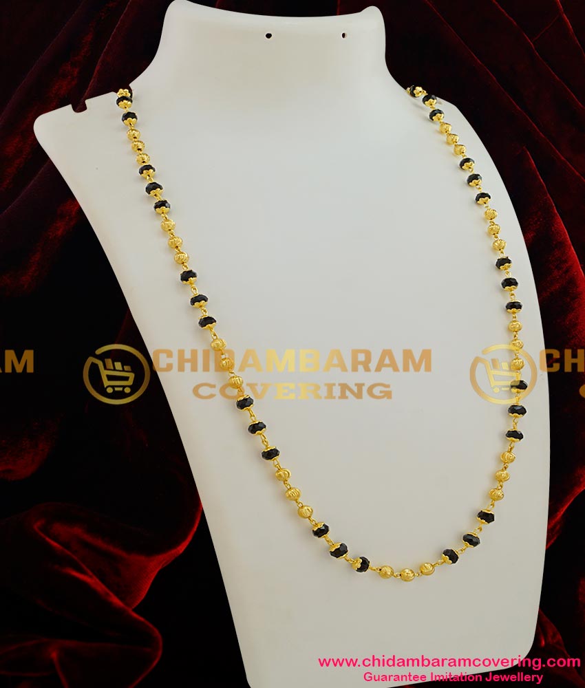 CHN008-LG - 30 inches Single Line Gold Plated Black Crystal Mala Black Beads Mangalsutra Chain (Karimani Chain)