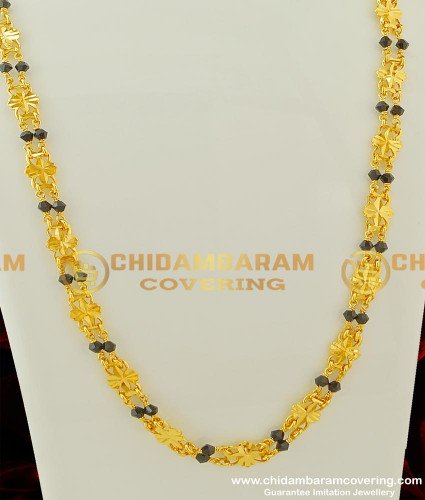 CHN068 - New Rettai Vadam Black Crystal Chain with Flower Design Connector Two Line Chain Online