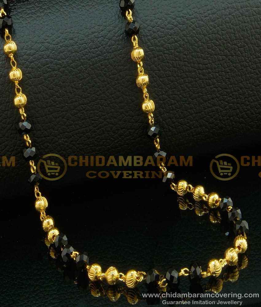 CHN123-Lg- 30 Inches Gold Plated Daily Wear Single Line Gold Balls with Black Crystal Chain 