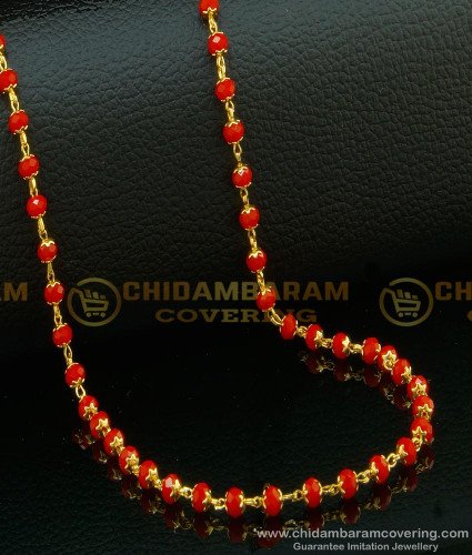 CHN124-Lg- 30 Inches Trendy Red Beads Chain One Gram Gold Plated Light Weight Red Crystal Chain Designs