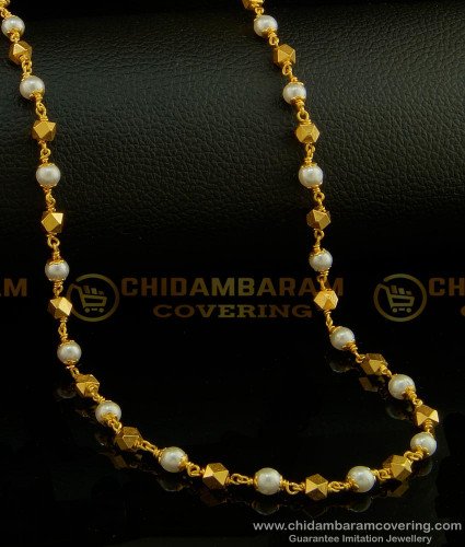 CHN140 - Pure Gold Plated Gold Muthu Mala Designs Pearl With Gold Beads Chain for Women