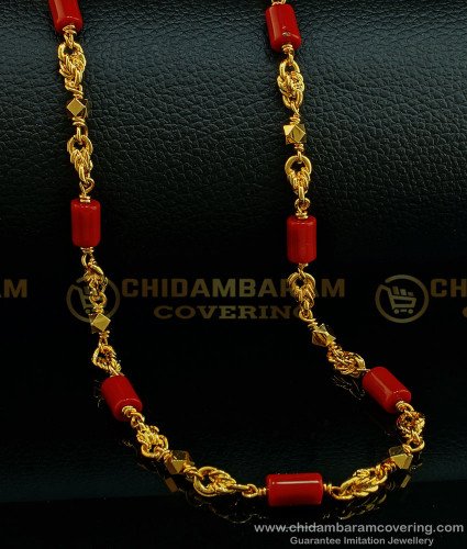 CHN189 -LG- 30 Inches Traditional Red Coral Beads with Golden Beads Chain One Gram Gold Plated Chain Collections